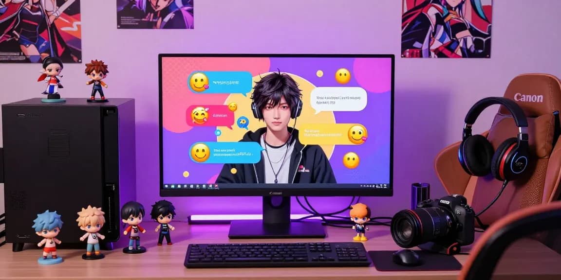 Engaging user enjoying ecchi AI chat with animated character on vibrant desktop.