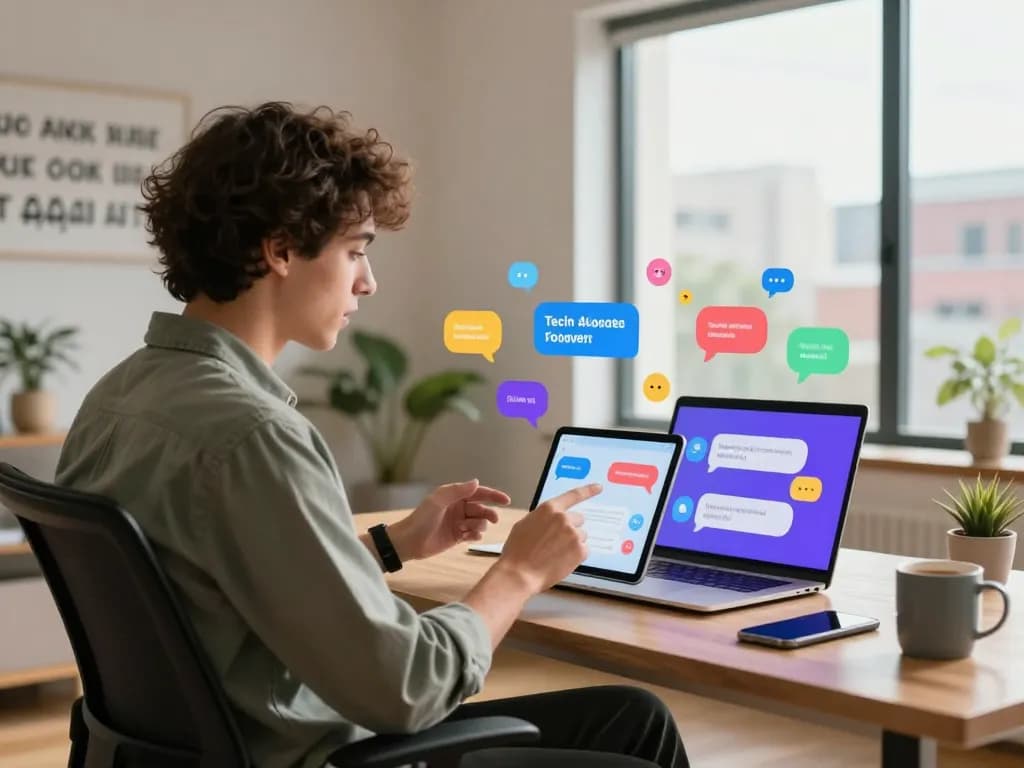 Engaging spicychat conversation on a tablet in a modern home office.