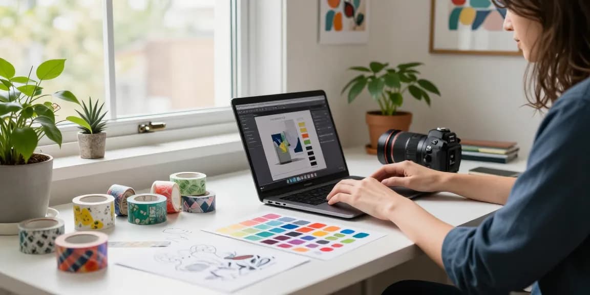 Custom washi tape displayed in a vibrant home office, showcasing creativity and design.