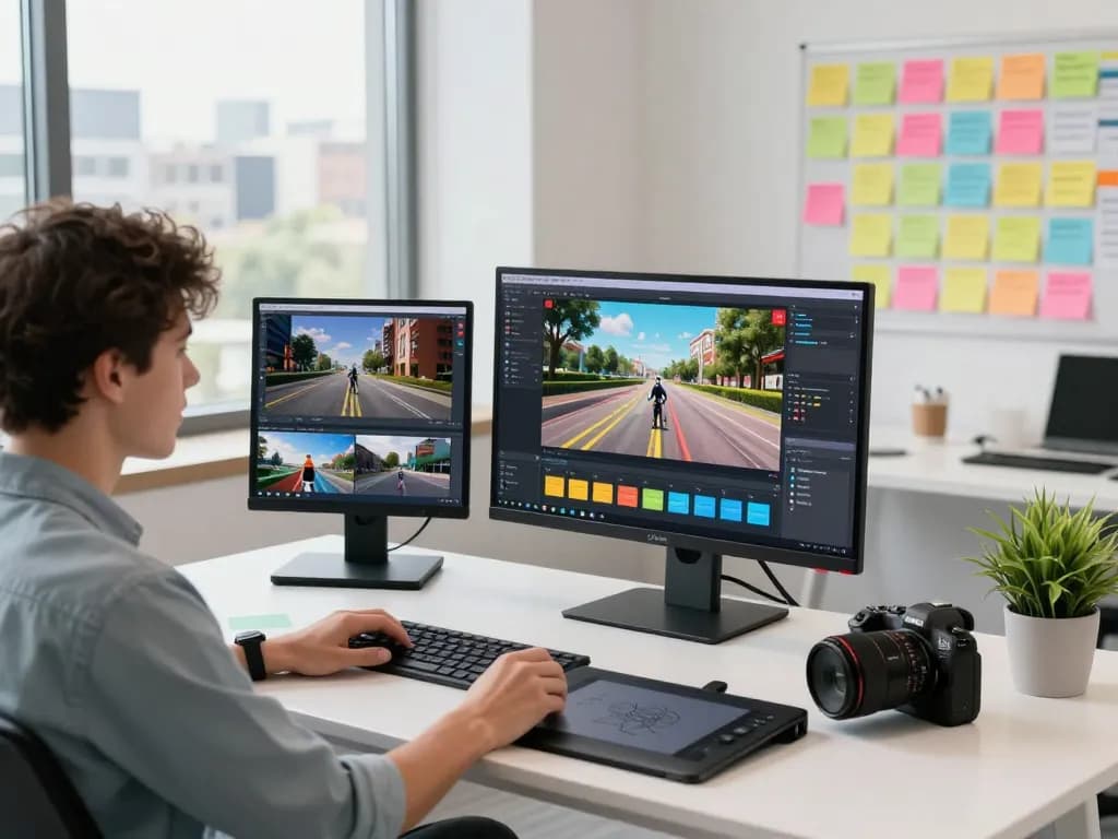 Innovative video creation studio with motion control AI tech, showcasing advanced video editing tools and vibrant animations representing mind control.