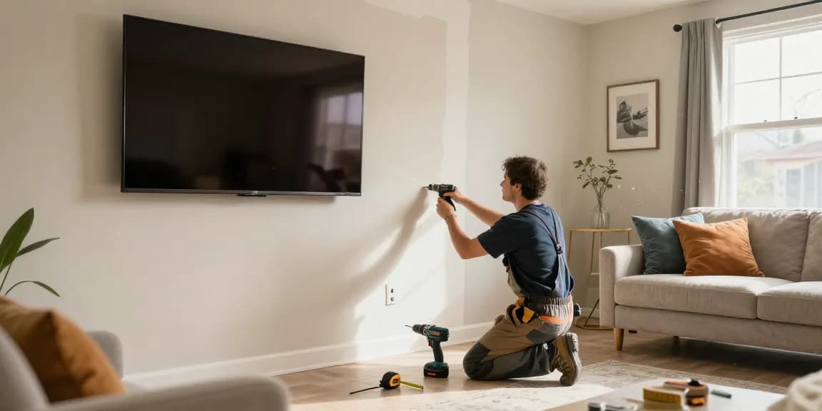 HubPro in Orange County handyman repairing drywall in a cozy living room with modern decor.