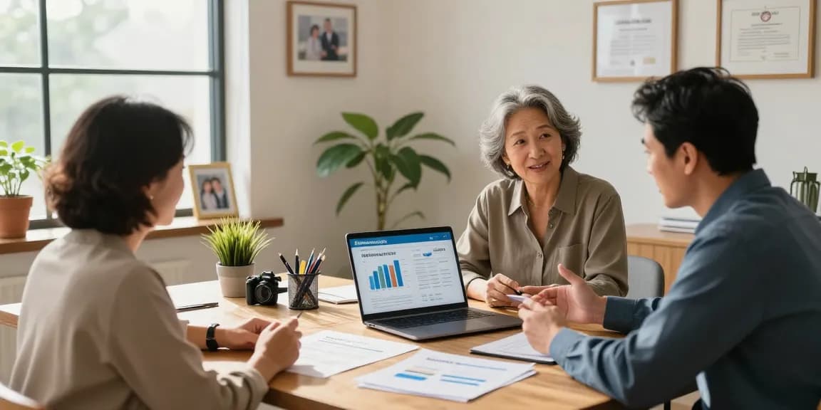 Discussing retirement income strategies during a financial consultation in a warm office.