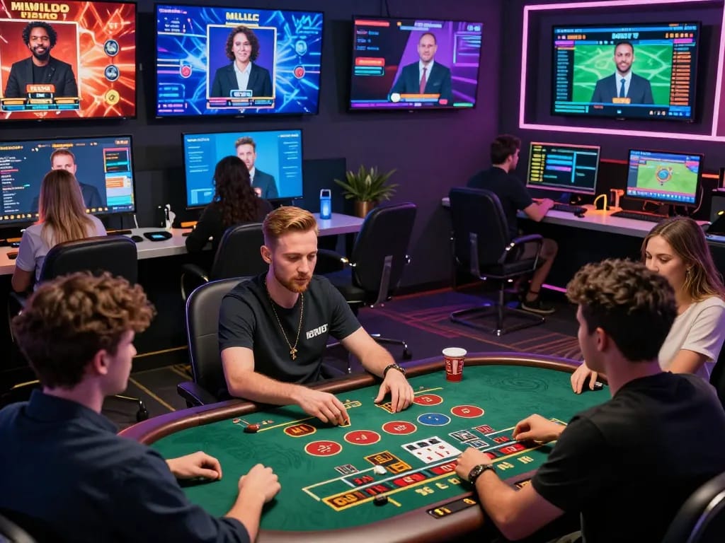 Dynamic 8KBET online gambling scene with players enjoying casino games and vibrant interfaces in a modern virtual environment.