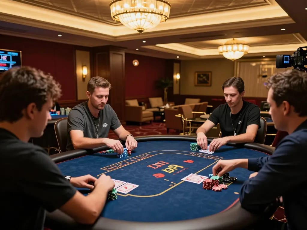 fun88 poker players strategizing during an intense game at a luxurious casino table