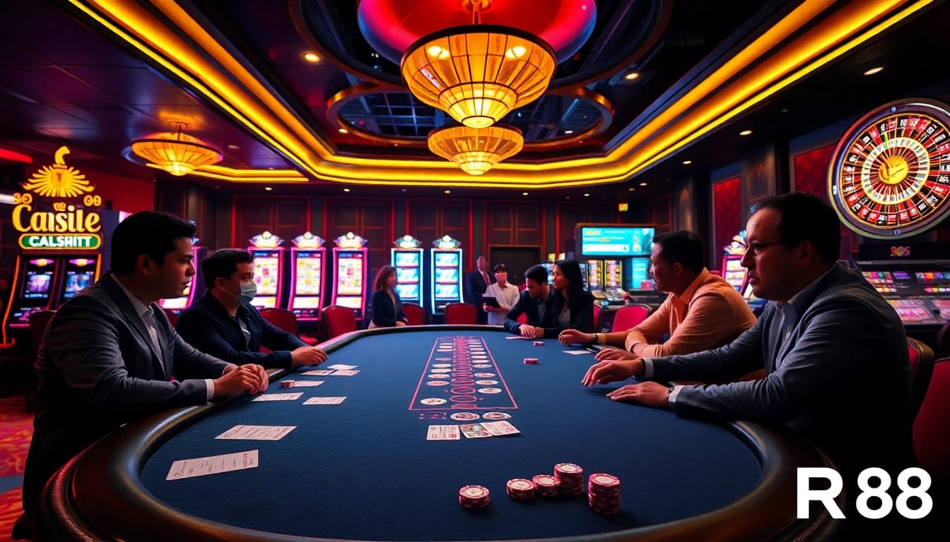 Players enjoying a thrilling poker game at RR88 with vibrant casino elements.