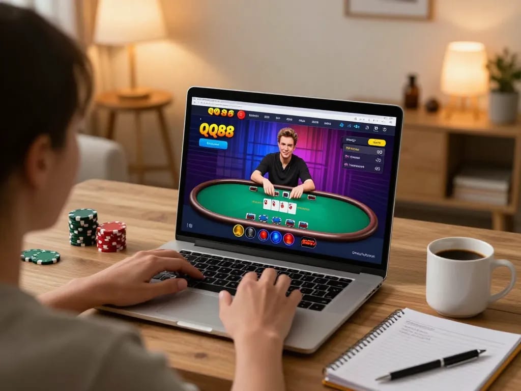 Engaging in poker with QQ88 online casino interface at home, showcasing responsible gaming.