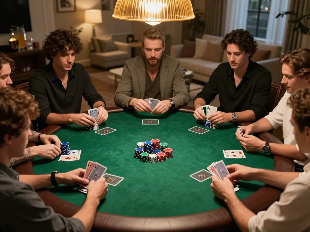 Main poker lapak303 game night with friends enjoying Texas Hold'em at an elegant home table.