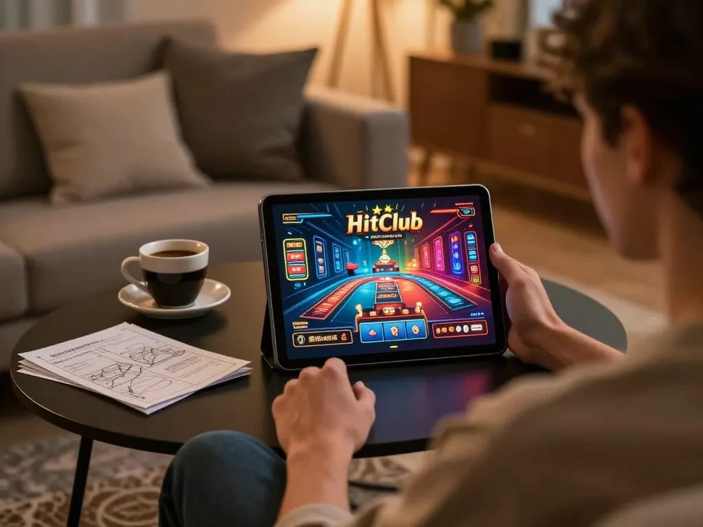 Player enjoying Hitclub on a tablet at home, emphasizing online gambling and relaxation.