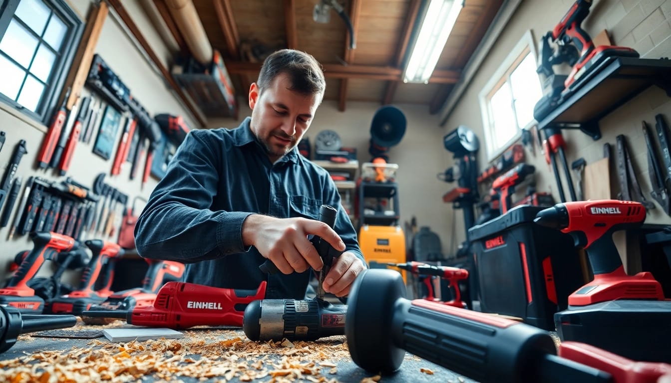 Professional craftsman using advanced einhell tools in a bright workshop.