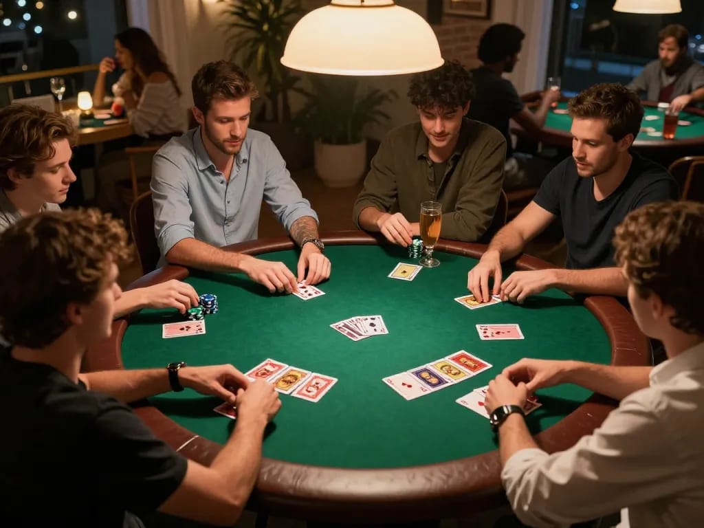 Engaged players at a friendly poker night with F168, showcasing cards and chips in warm lights.