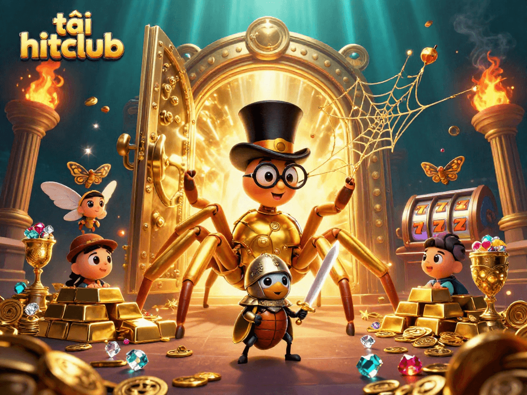 Join the adventure of tải hitclub with a brave beetle knight facing a golden tarantula in a vibrant casino setting.