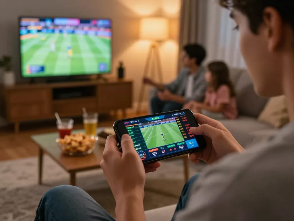 Engaging in LV88 bet sports betting on smartphone with live odds displayed in cozy home