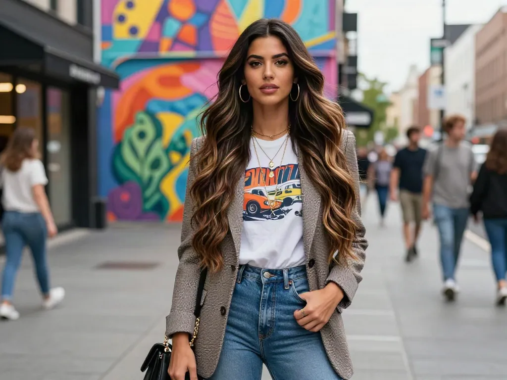Stylish woman wearing genius weft extensions poses confidently in urban fashion setting, showcasing her long hair and chic outfit.