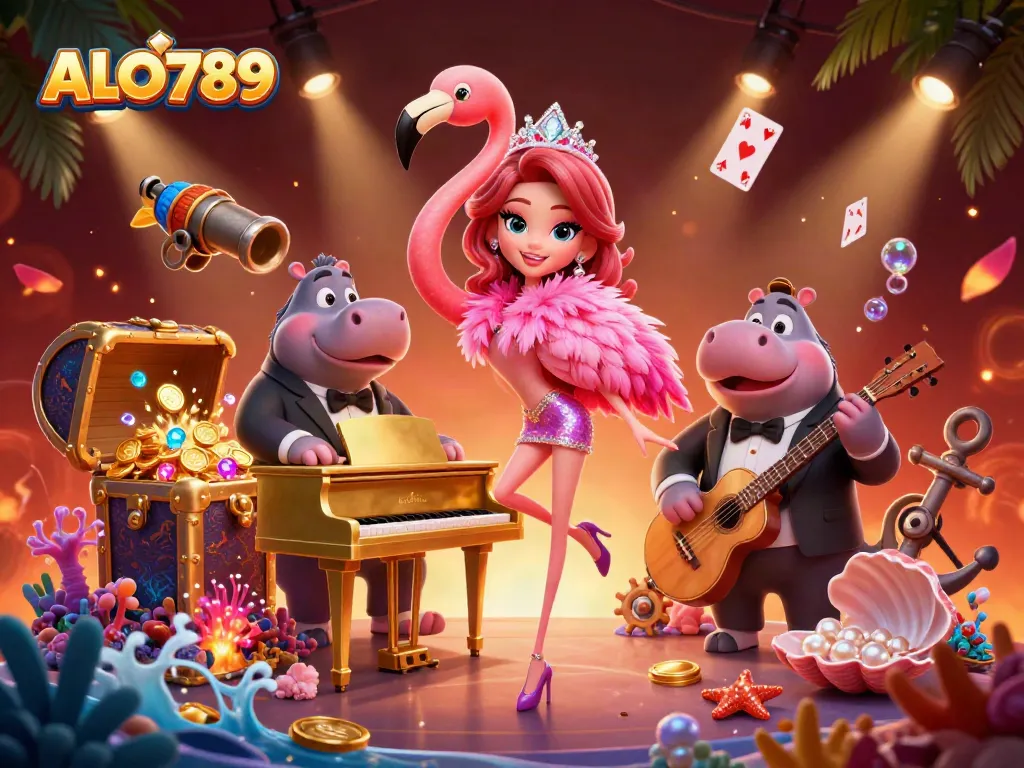 Experience the vibrant ALO789 casino scene, featuring lively characters and immersive game elements.