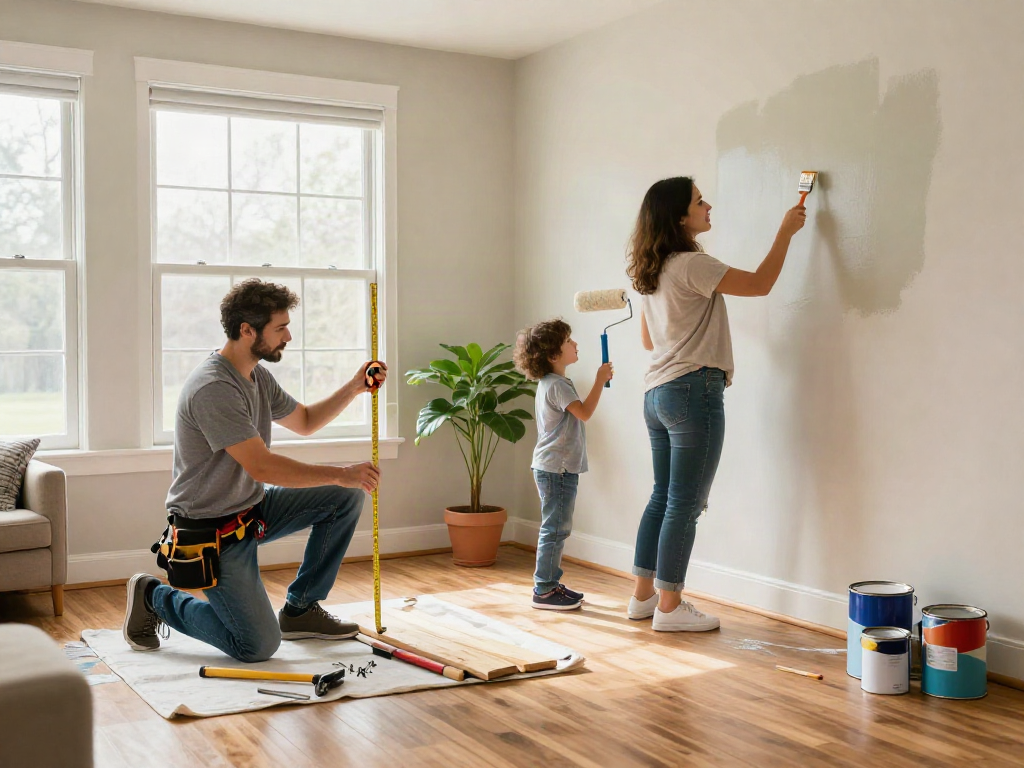 Family collaborating on home repair services Des Moines Iowa, showcasing a DIY project in a sunlit living room.