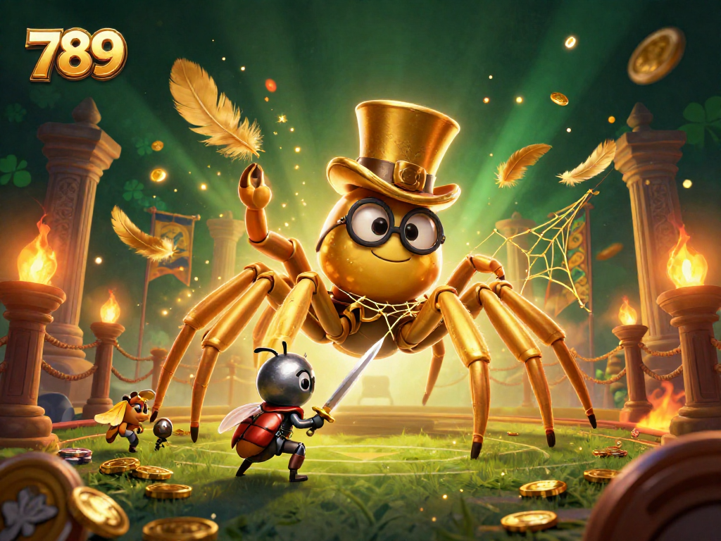 Engage with 789-themed casino fun featuring a golden tarantula and beetle knight in action.