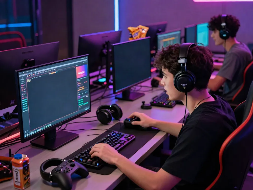 Engaged gamer using multiple screens at Gem88 for online betting.