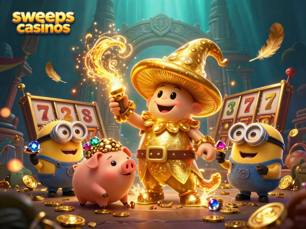 Engage with sweeps casinos as magical characters reveal treasures amidst dynamic gaming elements in a vibrant 3D scene.