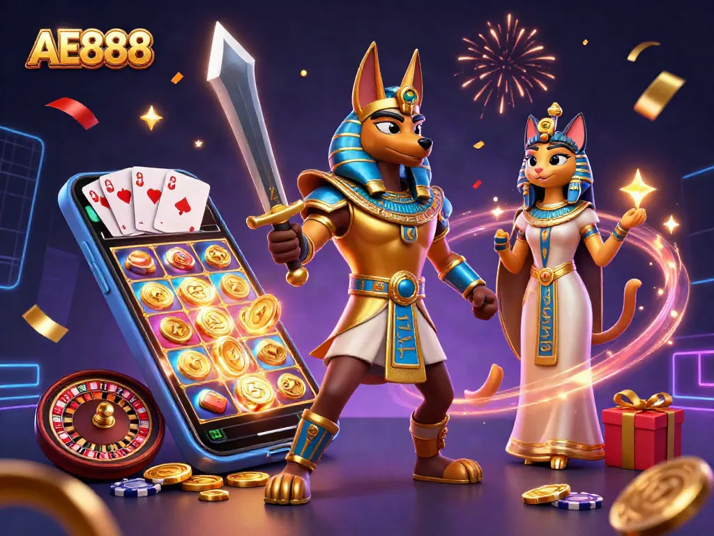 Win big at AE888 with Anubis and Bastet in a vibrant casino atmosphere, showcasing exciting games.