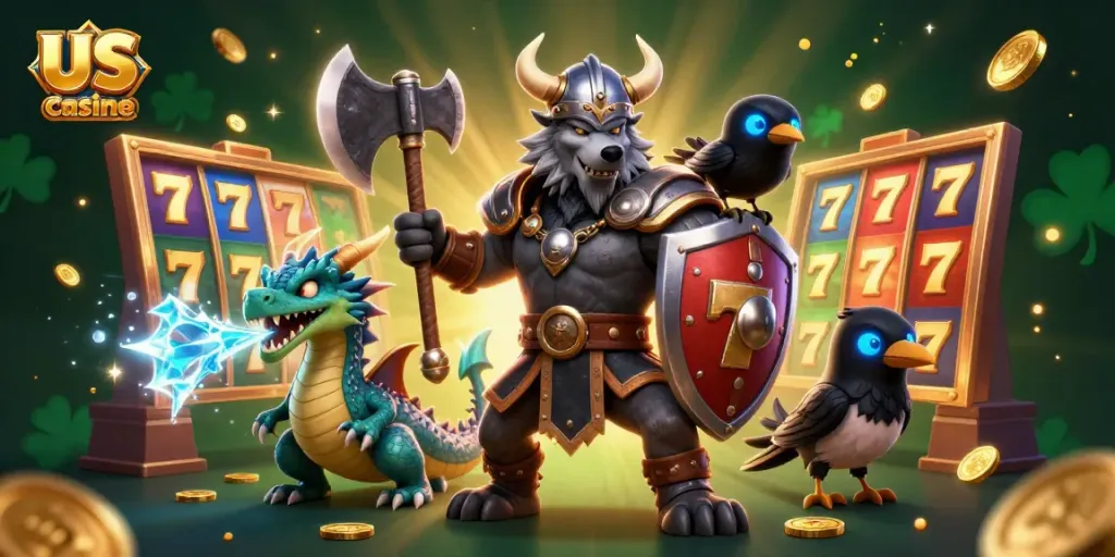 Engage at top US online casino with vivid 3D Viking warrior and dragon illustration.