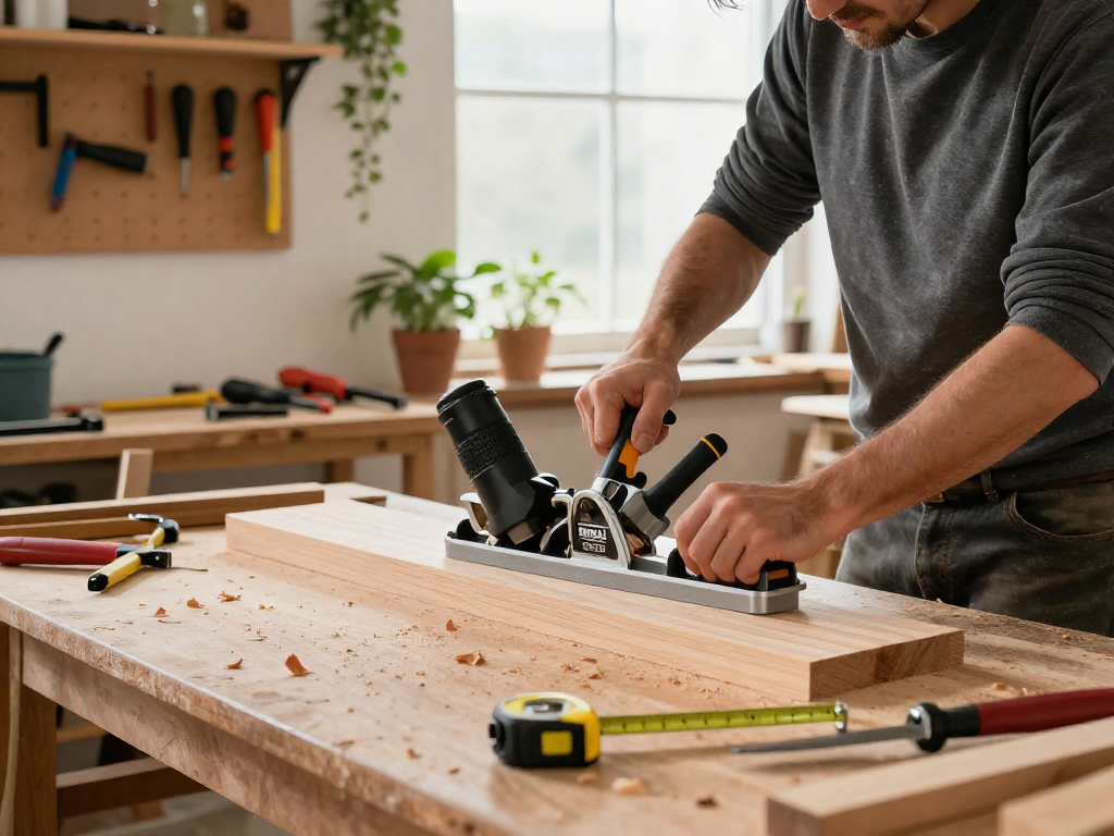 Dewalt DW733 in action, craftsman smoothing wood in a workshop full of tools.