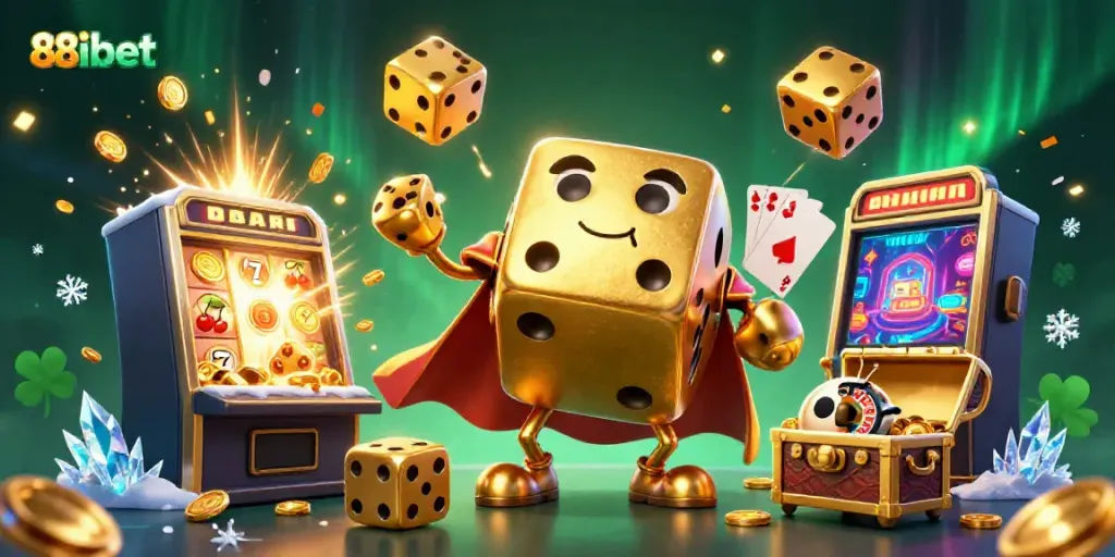 Engage in thrilling 88ibet casino action with vibrant golden dice, overflowing treasure, and exciting game elements.