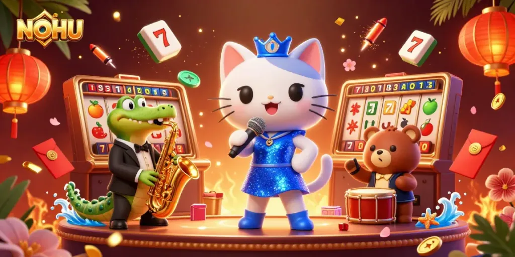 Experience thrilling casino fun with NOHU's vibrant illustration of lively characters and dynamic gaming elements.