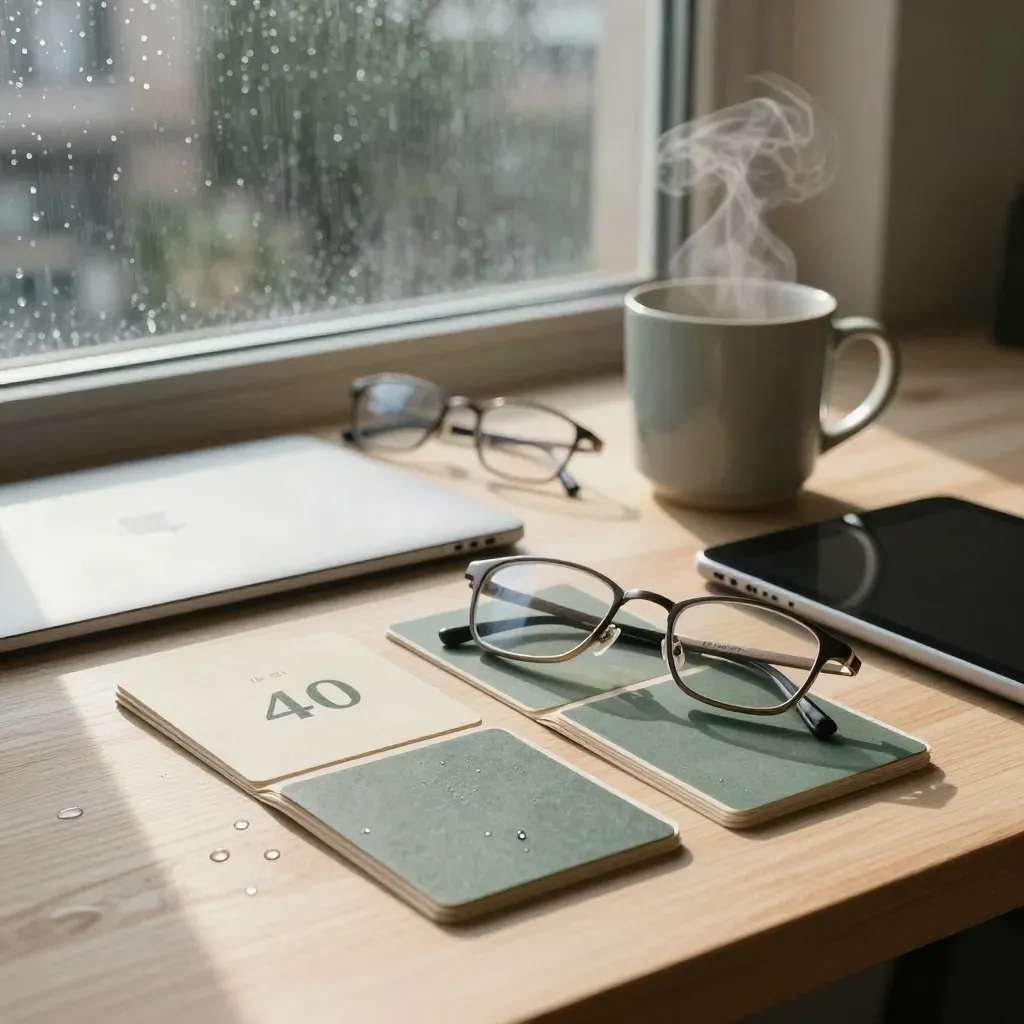 Briefing bundle, tablet, mug, glasses and phone on pale wood with rainy city beyond.
