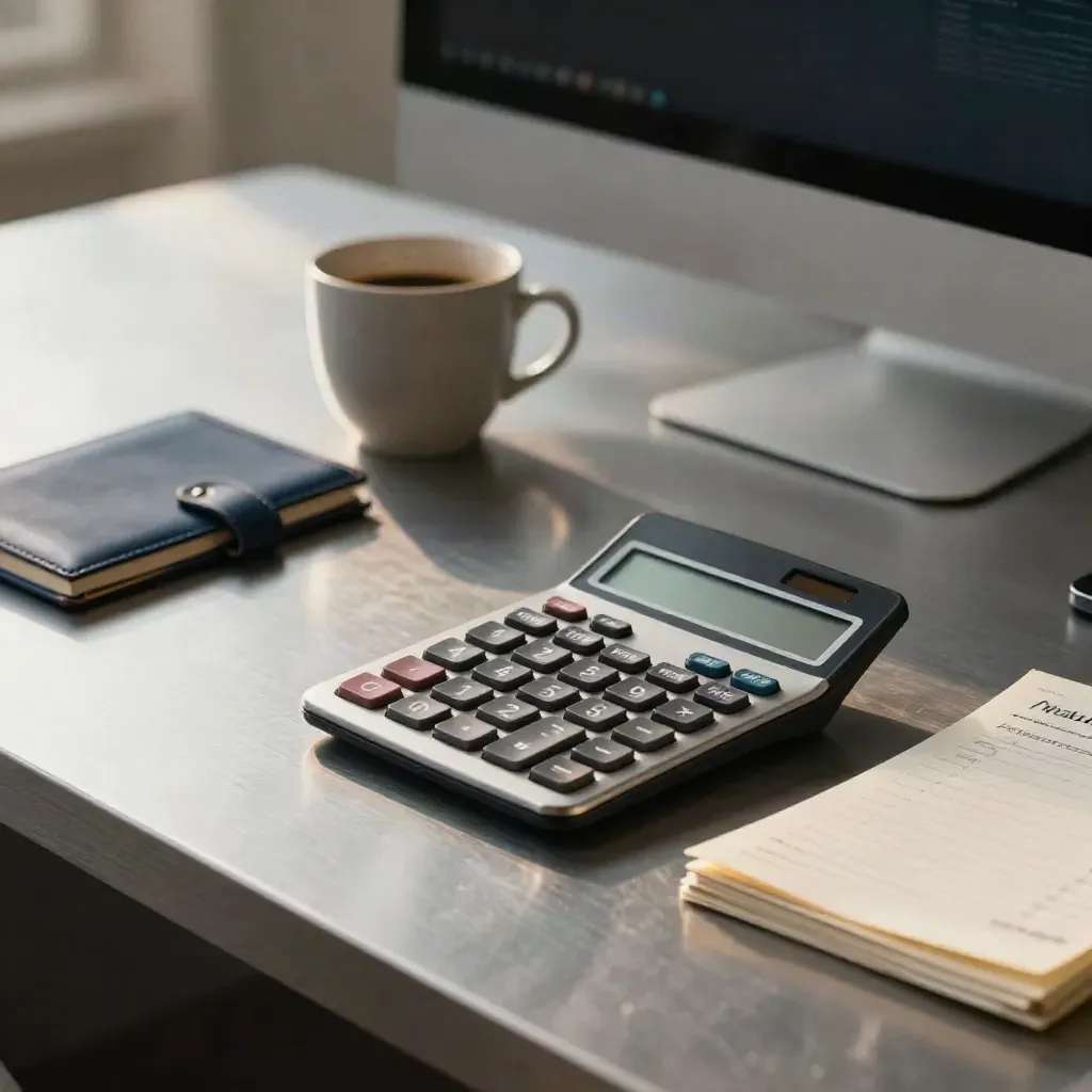 Morning finance desk with calculator, coffee cup, and market notes in soft window light.