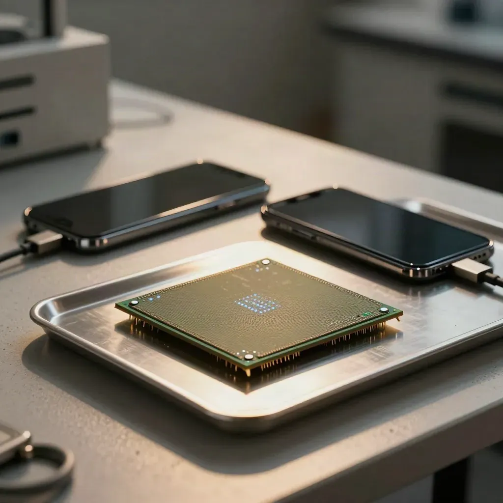 Silicon wafer, dark phone, coiled cable, and metal tray in a moody lab bay.