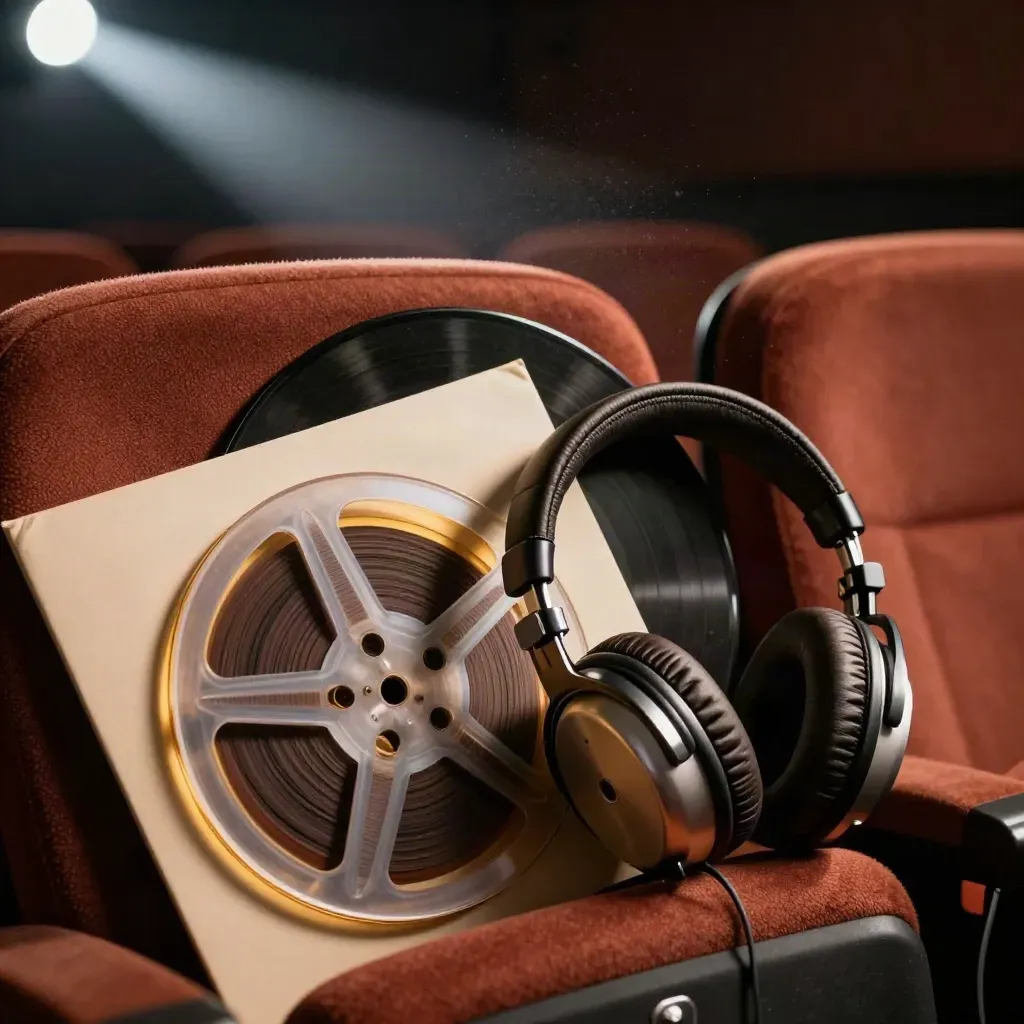 Film reel, face-down vinyl sleeve, headphones and theater seat in a dusty projector beam
