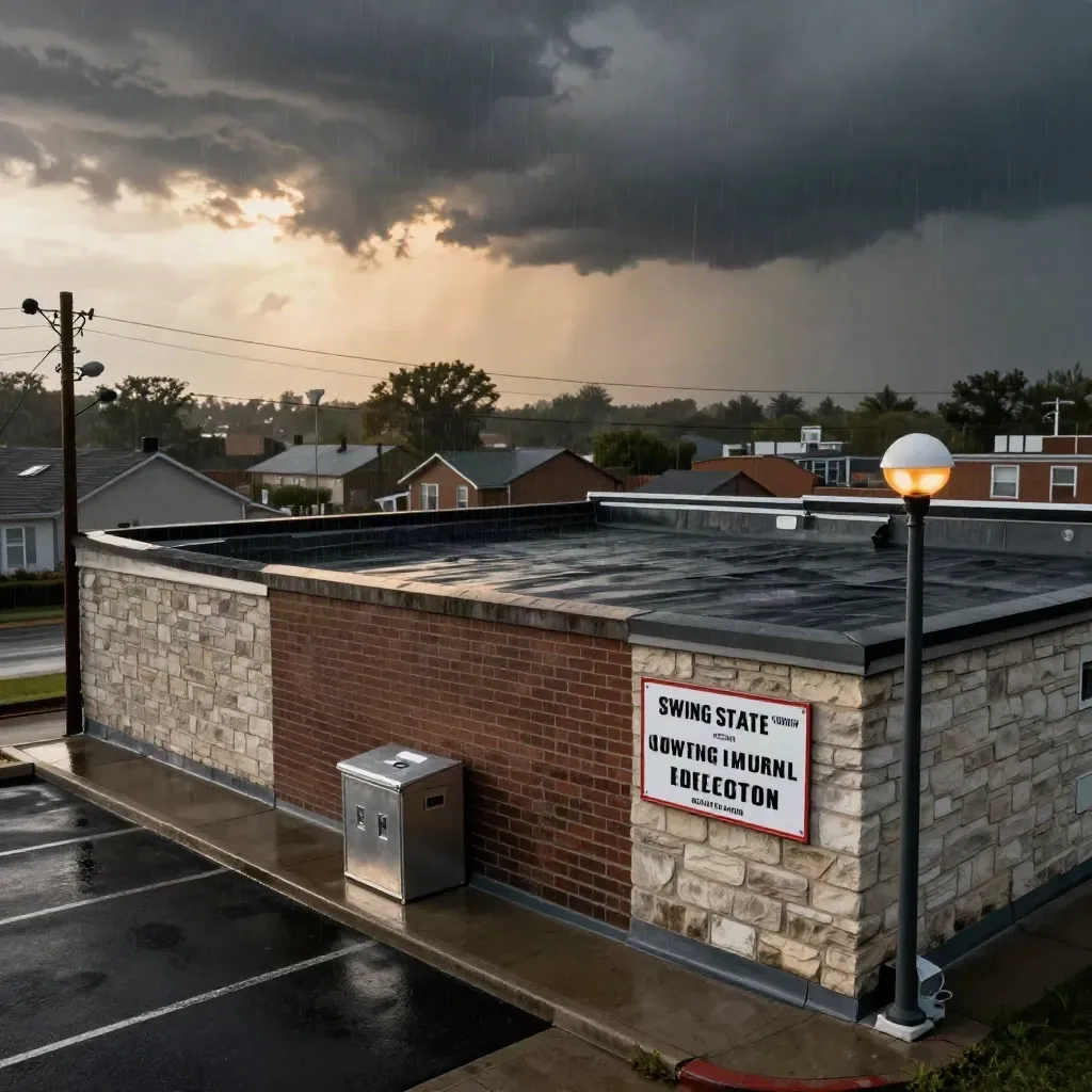 Rooftop view of a county election office at night, wet streets, amber lights, storm clouds.