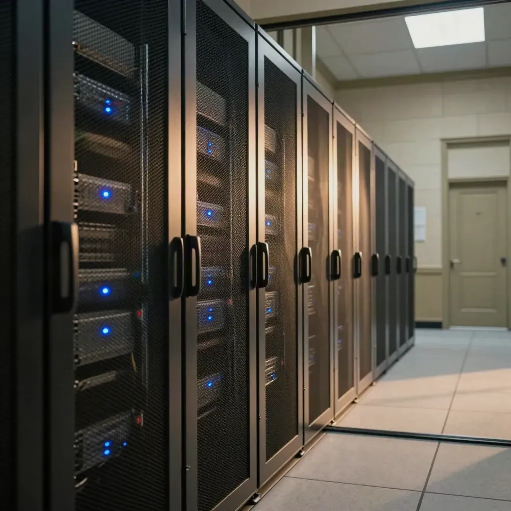 Server racks behind glass reflect an empty federal-style corridor with blue status lights.