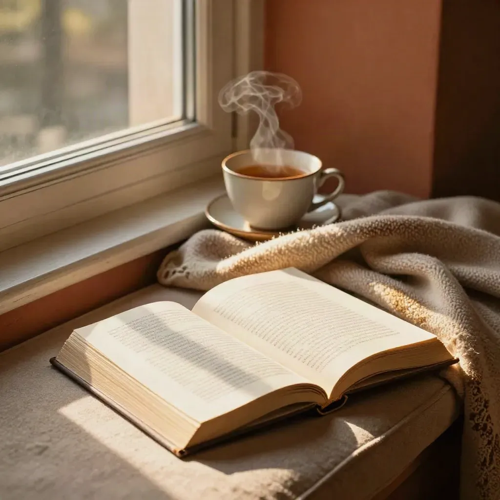 Face-down novel, wool throw, and steaming tea on a sunlit windowsill in a cozy reading nook.