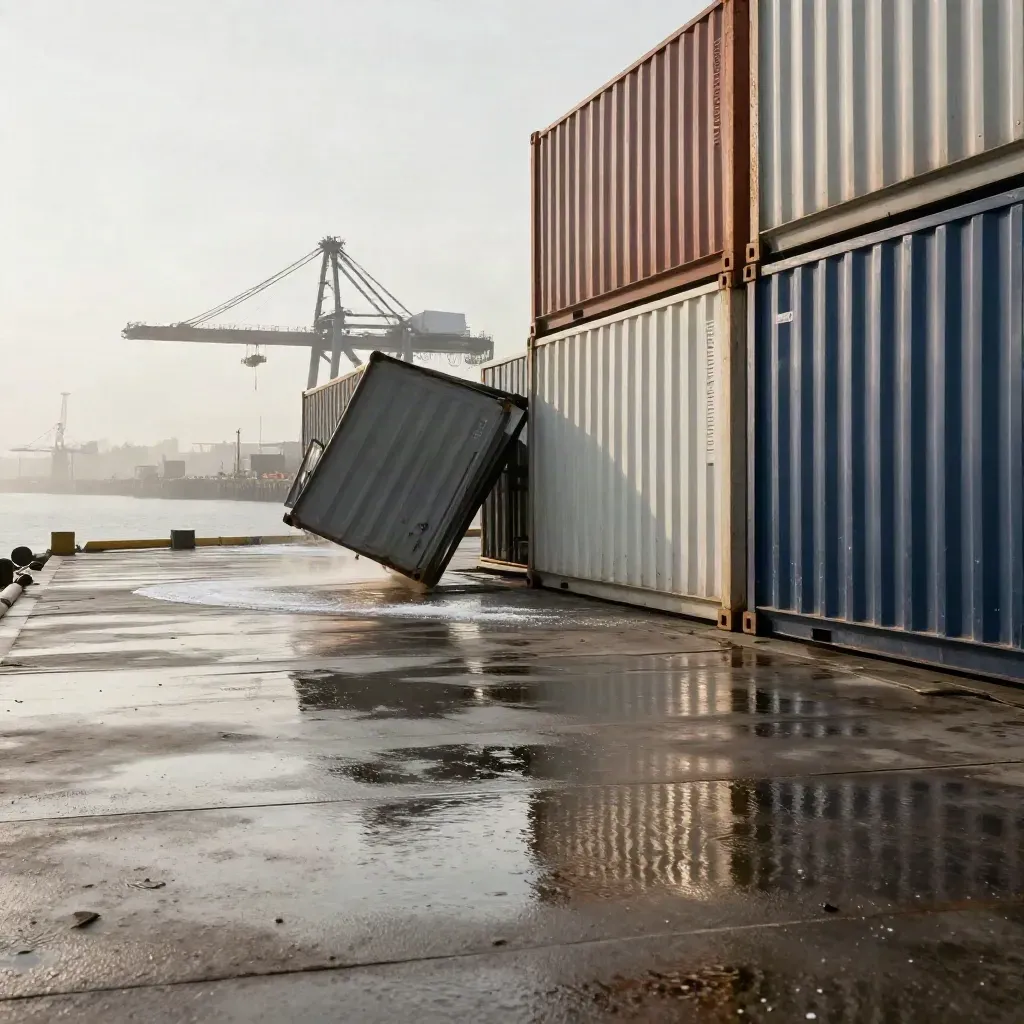 Wet port containers shift in wind beside a crane arm on a misty dock.