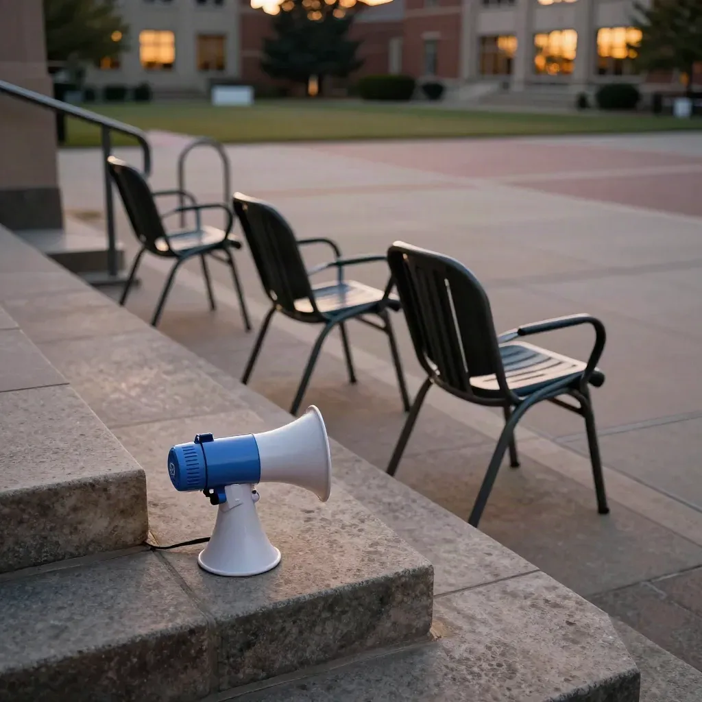Empty campus steps with a sideways megaphone, folding chairs, bike racks and dusk light.