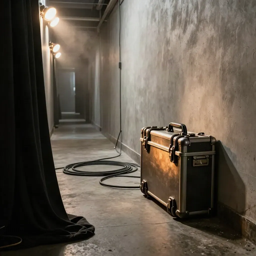 Backstage corridor with bulbs, cables, curtain edge, hard case, and drifting stage dust.