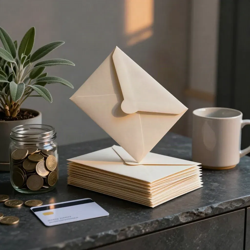 Unopened mail, coin jar, bank card, plant, and mug on a slate console at dusk.