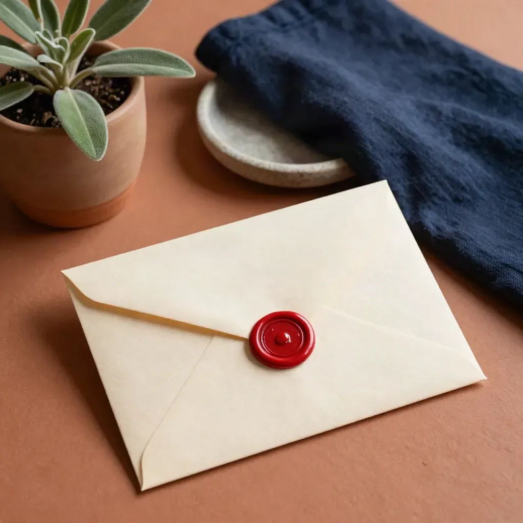 Ballot envelope with red wax seal beside plant, navy cloth and ceramic dish