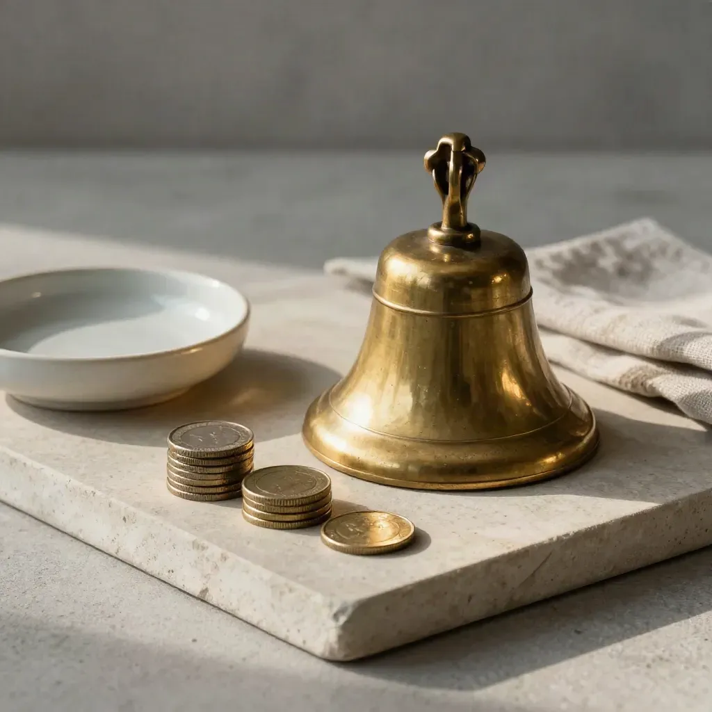 Brass opening bell with coin stacks, ceramic dish, and linen swatch on stone in cool light
