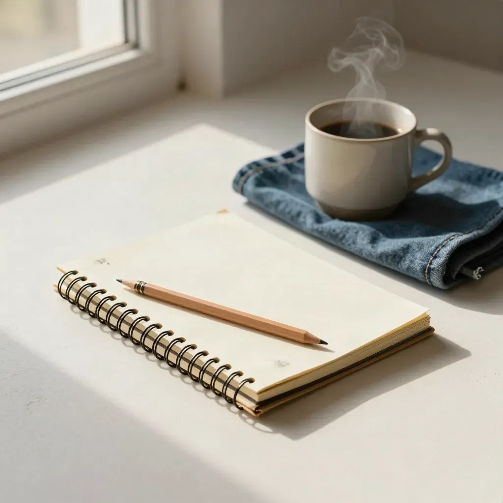 Open spiral notebook, pencil, denim cloth, and steaming mug on a plaster surface.