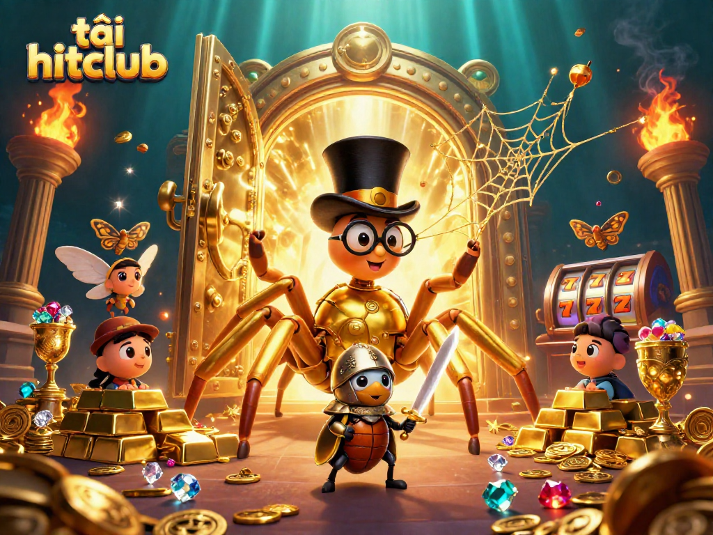 Join the adventure of tải hitclub with a brave beetle knight facing a golden tarantula in a vibrant casino setting.