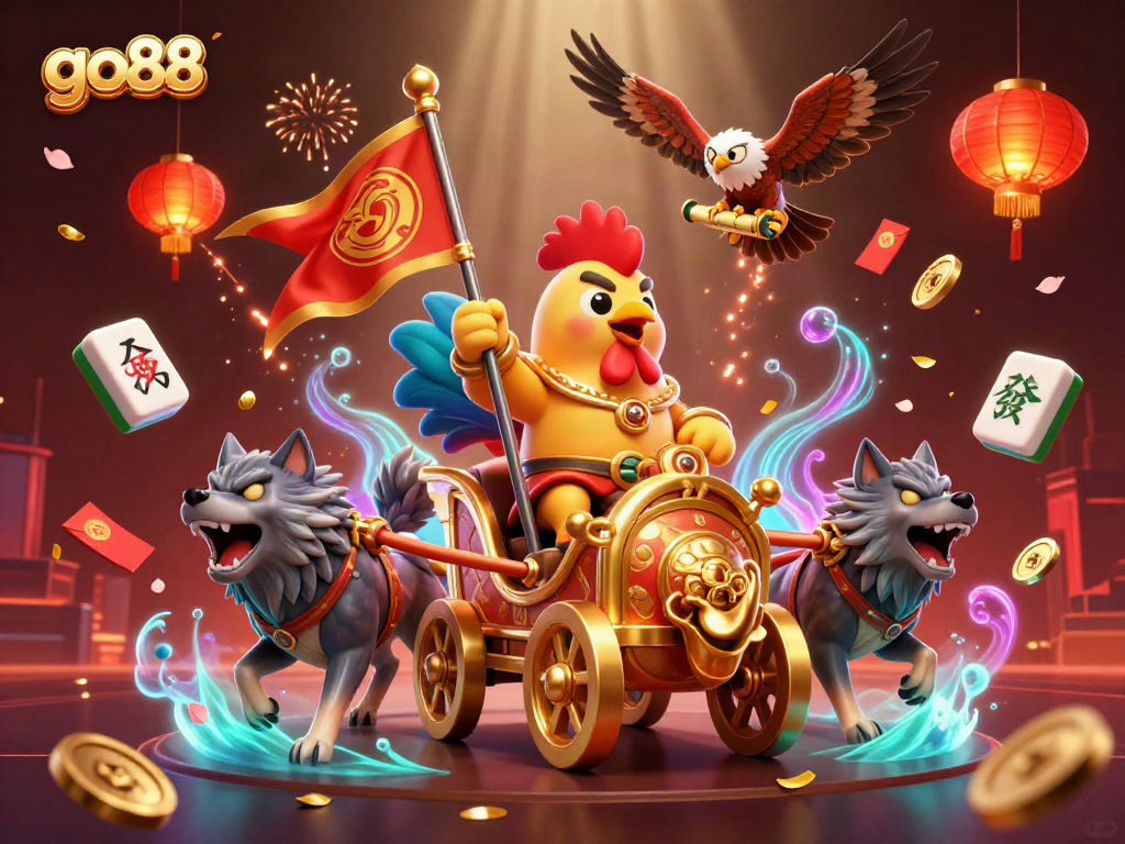 Win big with go88 as vibrant 3D characters engage in high-stakes gaming action amidst festive elements.