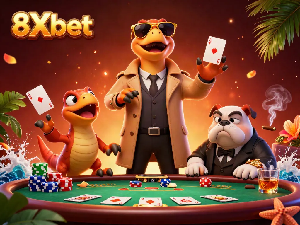 Experience interactive gaming with 8Xbet at a playful casino scene featuring raptors at the poker table.
