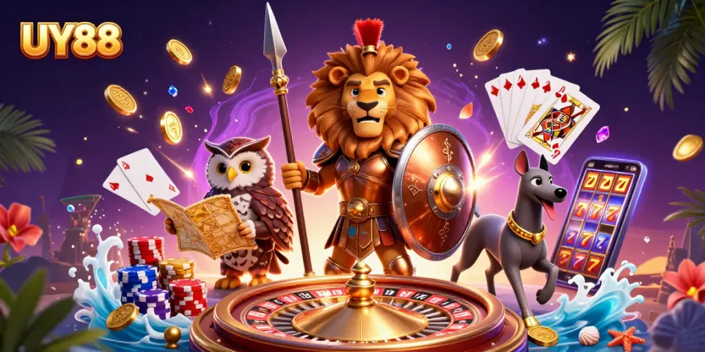 Experience winning moments at UY88 with a vibrant 3D casino scene depicting thrilling game elements.