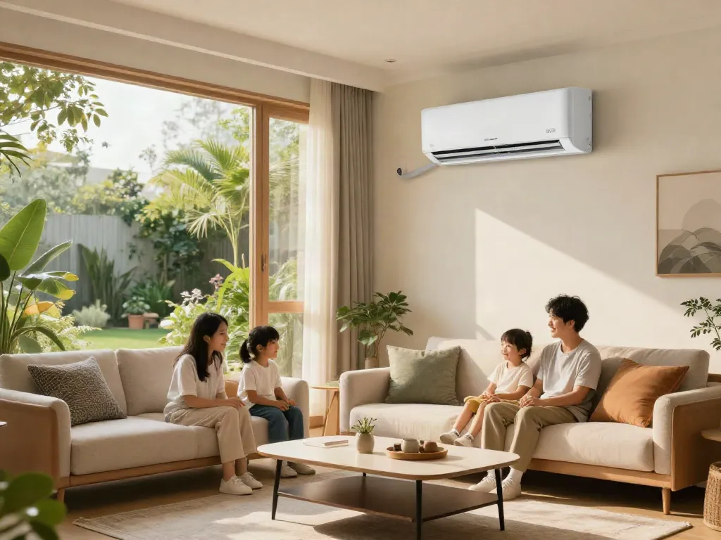 Modern living room with 18000 btu mini split air conditioner, showcasing comfort and style.