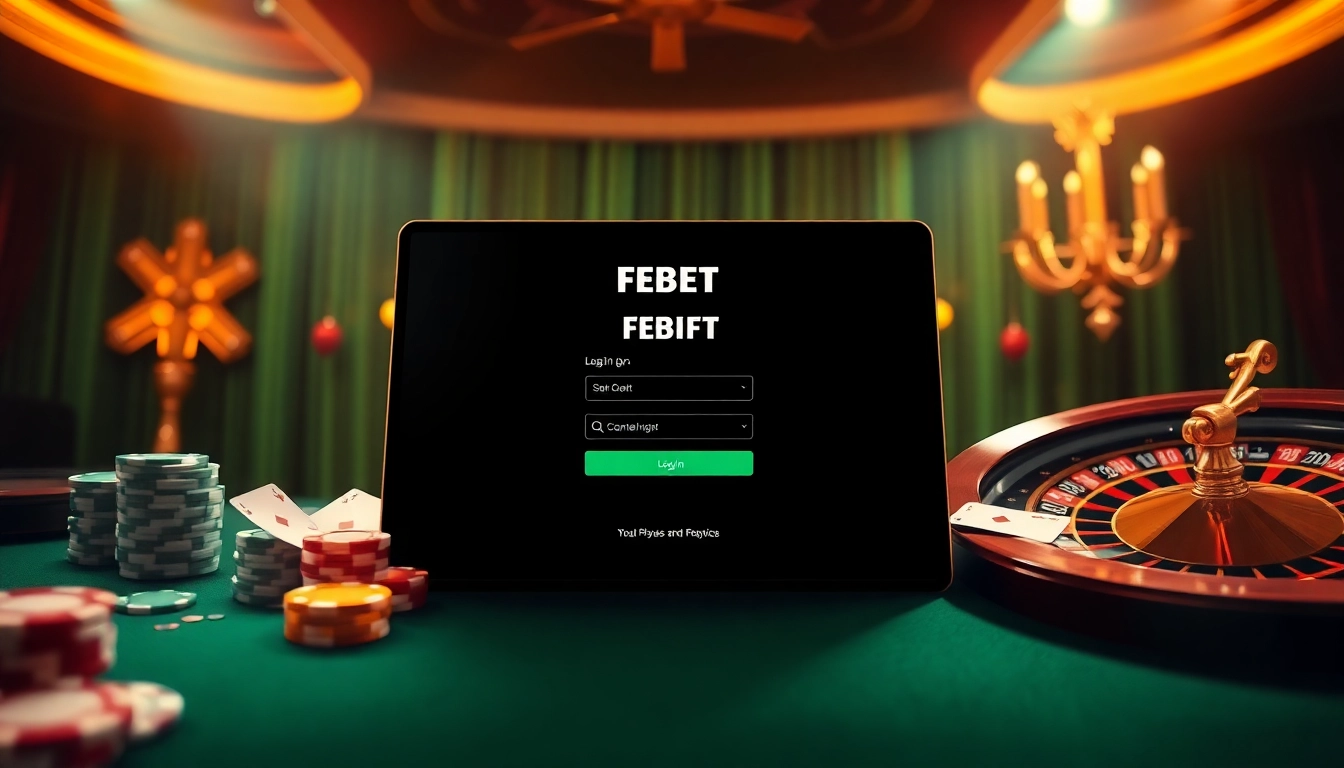 Login to FEBET with excitement, featuring a luxurious online casino scene with cards, chips, and roulette.