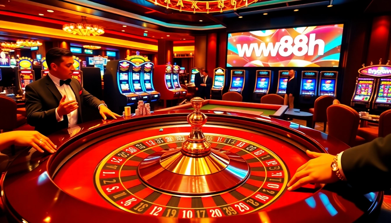 Enjoying a thrilling game at http://ww88h.com/ poker tables with players placing bets and winning chips.