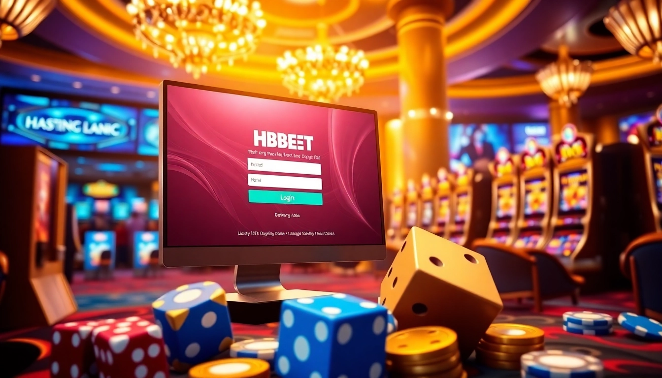 Login to HBBET for an exciting online gambling experience with vibrant casino graphics.