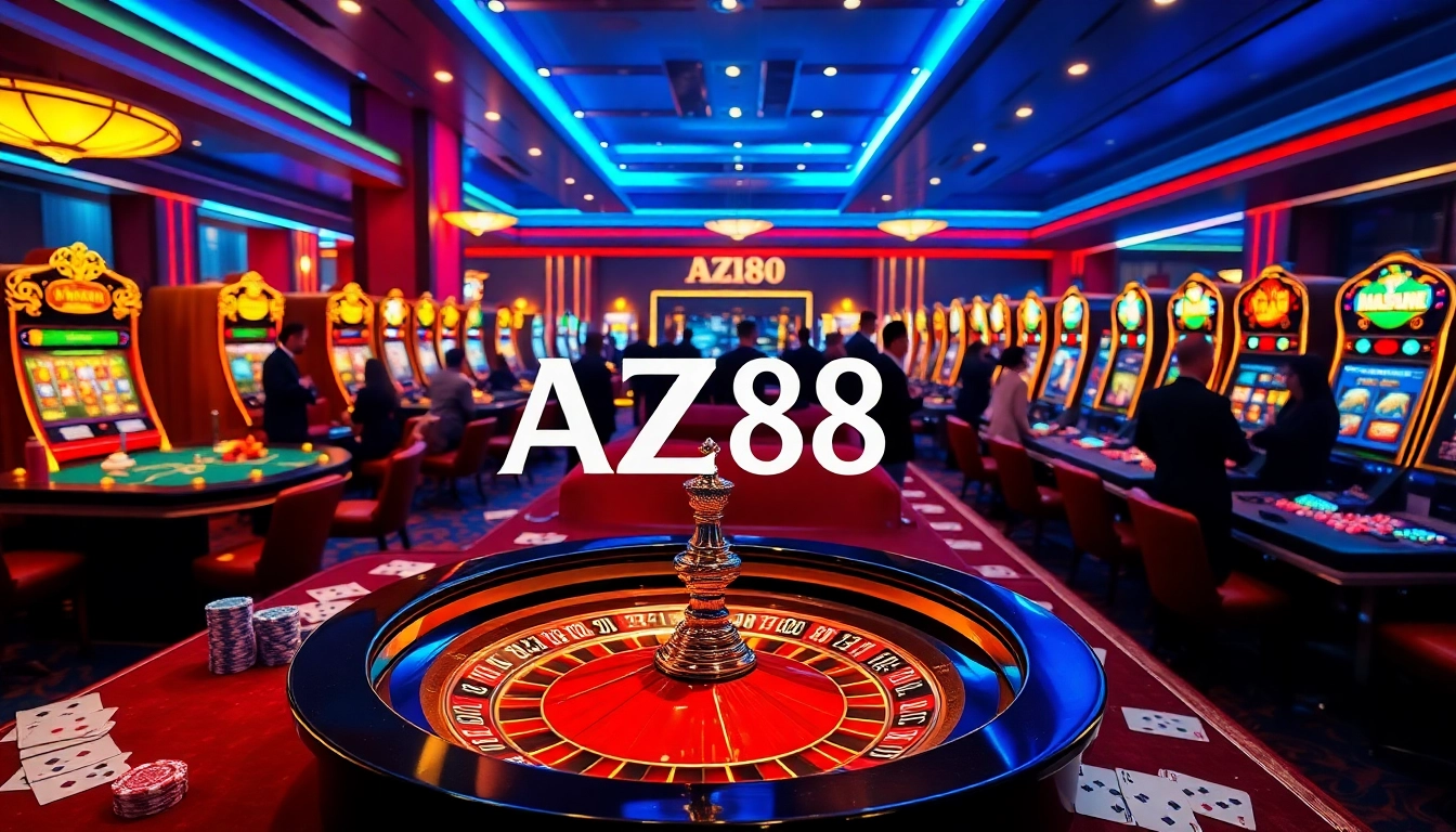 Experience the thrill of casino games at AZ88 with vibrant tables, cards, and colorful slot machines.